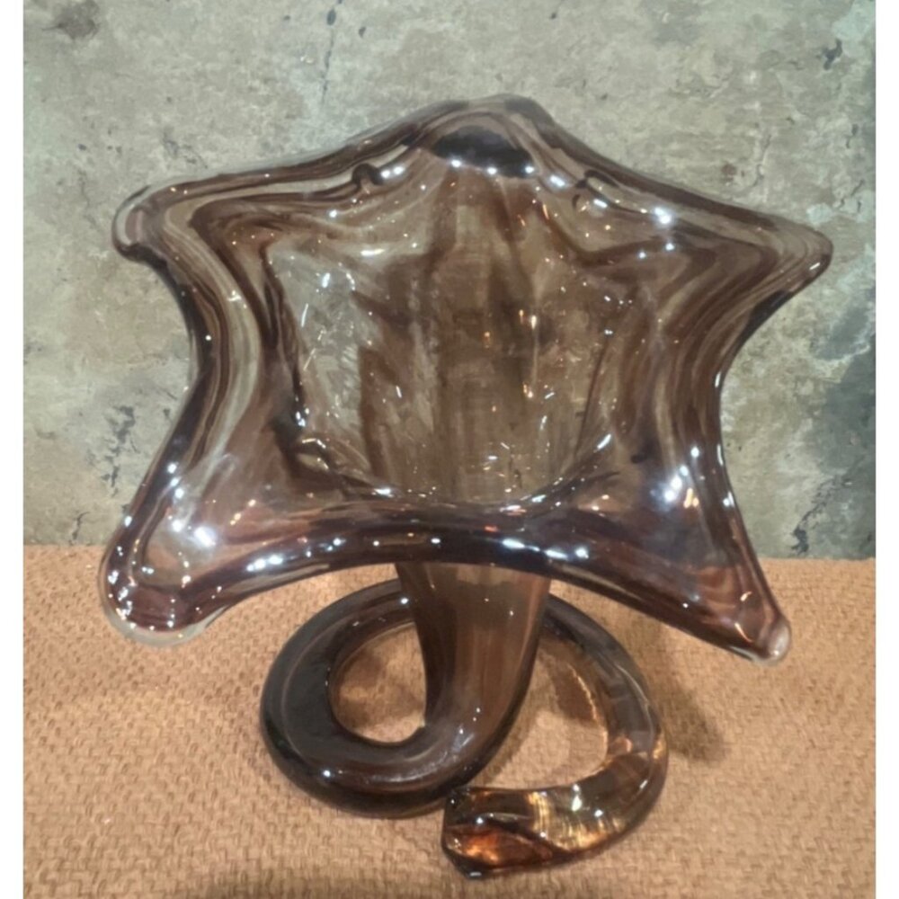 Handblown Swirled Glass Starfish Vase Smoky Amber Brown Spiral Base MCM